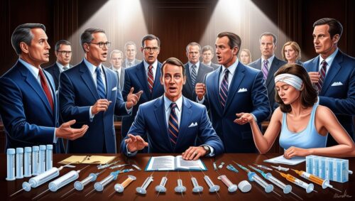 Birth control injection lawyers in court with meningioma victim.