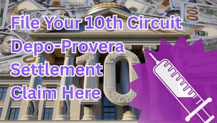File Your 10th Circuit Depo-Provera Settlement Claim Here text on depiction of Tenth Circuit court with syringe in purple and high value cash backdrop.