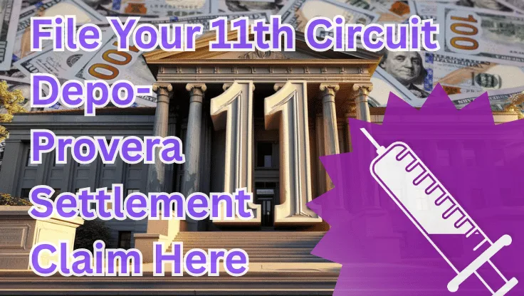 File Your 11th Circuit Depo-Provera Settlement Claim Here text on depiction of Eleventh Circuit court with syringe in purple and high value cash backdrop.