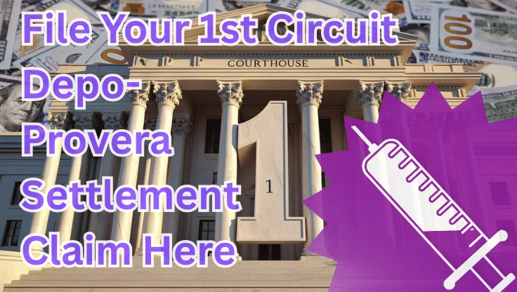 File Your 1st Circuit Depo-Provera Settlement Claim Here text on depiction of First Circuit court with syringe in purple and high value cash backdrop.