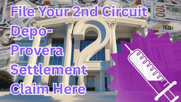 File Your 2nd Circuit Depo-Provera Settlement Claim Here text on depiction of Second Circuit court with syringe in purple and high value cash backdrop.