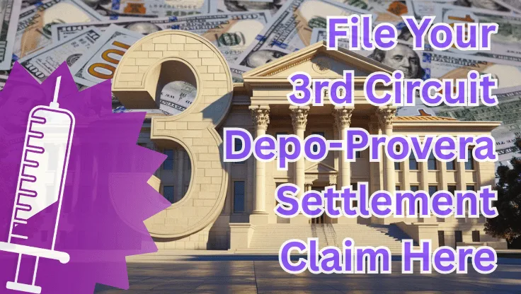 File Your 3rd Circuit Depo-Provera Settlement Claim Here text on depiction of Third Circuit court with syringe in purple and high value cash backdrop.