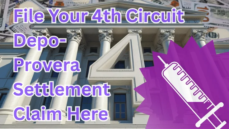 File Your 4th Circuit Depo-Provera Settlement Claim Here text on depiction of Fourth Circuit court with syringe in purple and high value cash backdrop.
