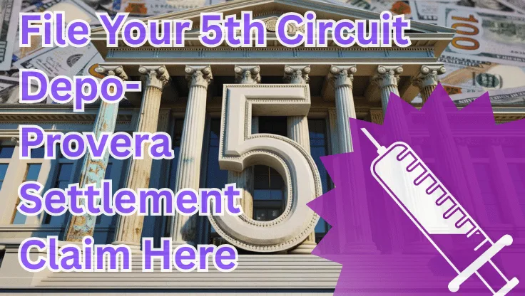 File Your 5th Circuit Depo-Provera Settlement Claim Here text on depiction of Fifth Circuit court with syringe in purple and high value cash backdrop.