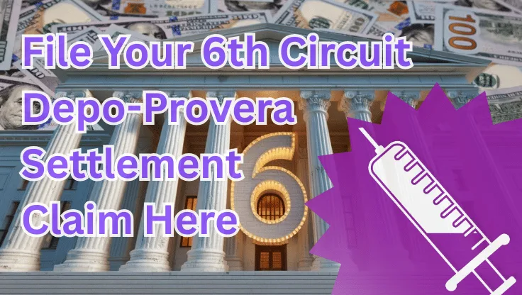 File Your 6th Circuit Depo-Provera Settlement Claim Here text on depiction of Sixth Circuit court with syringe in purple and high value cash backdrop.
