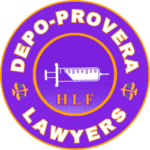 DEPO-PROVERA LAWYERS OF HLF logo with birth control syringe and scales of justice on purple background