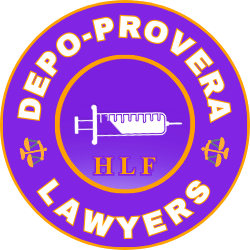 DEPO-PROVERA LAWYERS OF HLF logo with birth control syringe and scales of justice on purple background