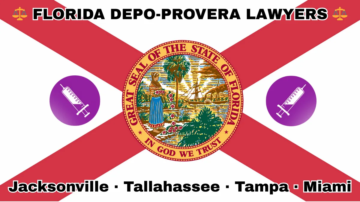 FLORIDA DEPO-PROVERA LAWYERS: Jacksonville, Tallahassee, Tampa, and Miami text on FL state flag with a syringe depicted on a purple circle near a red cross and SEAL of a Seminole woman scattering flowers by a shoreline with a boat, palm trees, and sunlight.