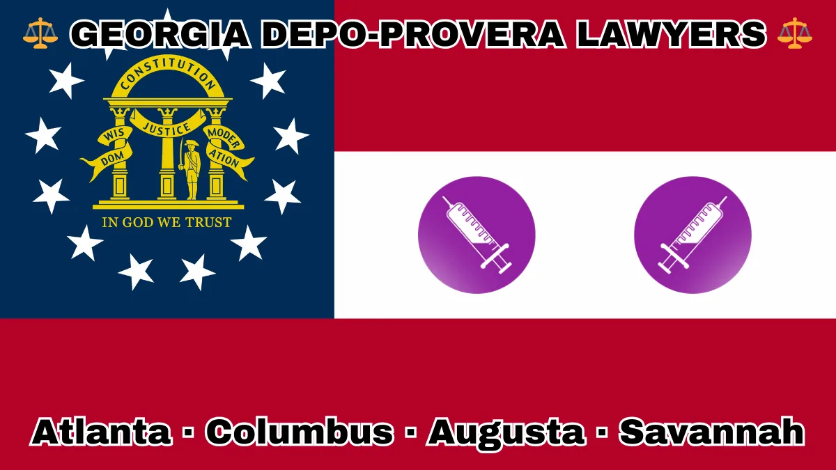 GEORGIA DEPO-PROVERA LAWYERS: Atlanta, Columbus, Augusta, and Savannah text on GA state flag with a syringe depicted on a purple circle near a gold arch on blue canton with three pillars and 13 white stars, next to three thick red and white stripes.