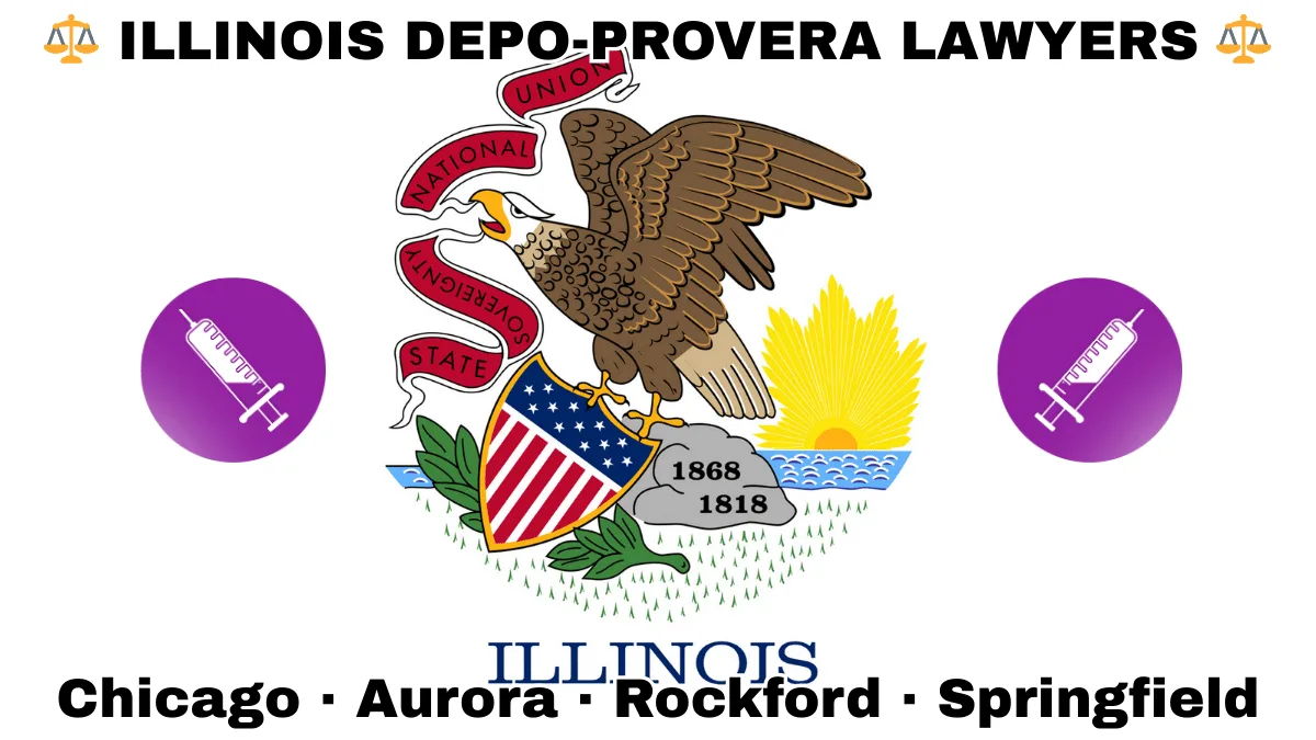 ILLINOIS DEPO-PROVERA LAWYERS: Chicago, Aurora, Rockford, and Springfield text on IL state flag with a syringe depicted on a purple circle near a bald eagle perched on a rock and holding a shield, as the sun shines bright.