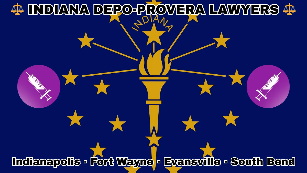 INDIANA DEPO-PROVERA LAWYERS: Indianapolis, Fort Wayne, Evansville, and South Bend text on IN state flag with a syringe depicted on a purple circle near a gold torch and stars.
