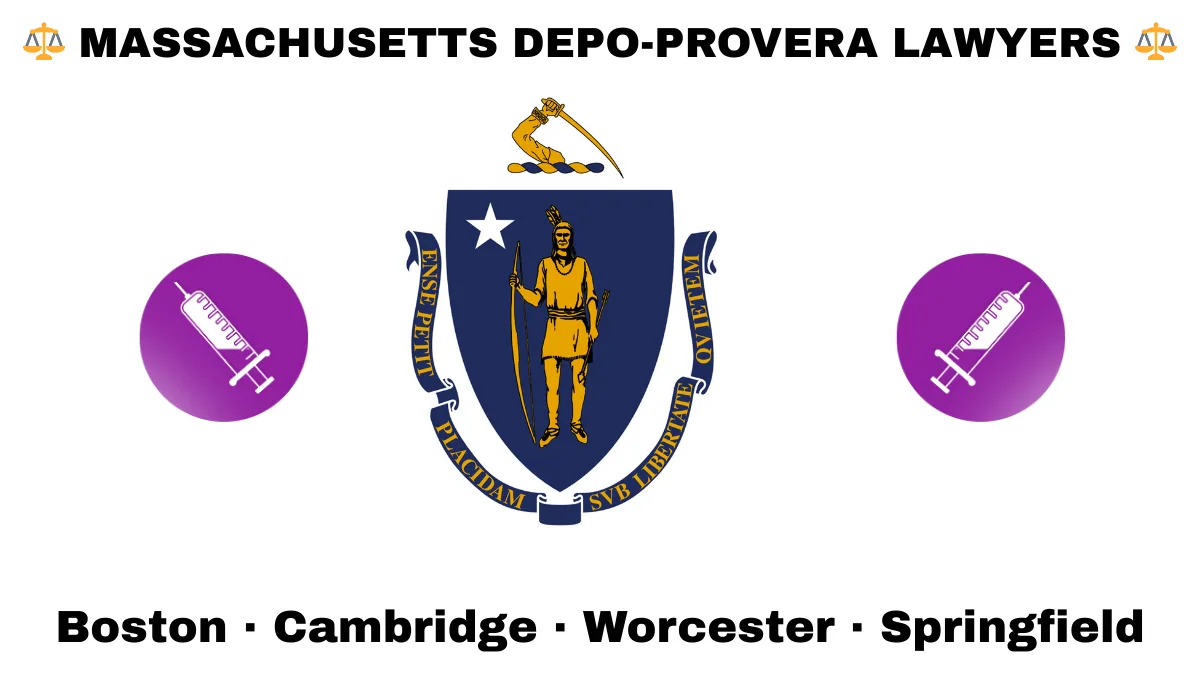 MASSACHUSETTS DEPO-PROVERA LAWYERS: Boston, Cambridge, Worcester, and Springfield text on MA state flag with a syringe depicted on a purple circle near a shield featuring a Native American person with bow and arrow under a star and sword.