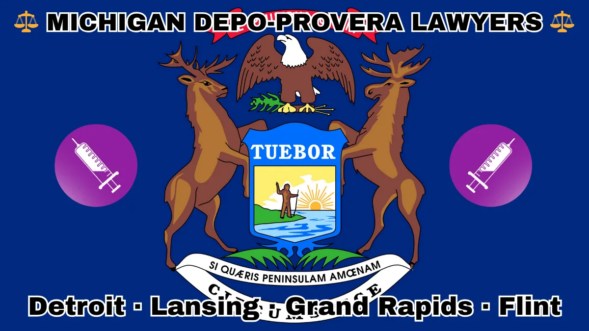 MICHIGAN DEPO-PROVERA LAWYERS: Detroit, Lansing, Grand Rapids, and Flint text on MI state flag with a syringe depicted on a purple circle near an elk, moose and bald eagle flanking a shield featuring a man standing on a sunny lake with a raised hand and rifle.
