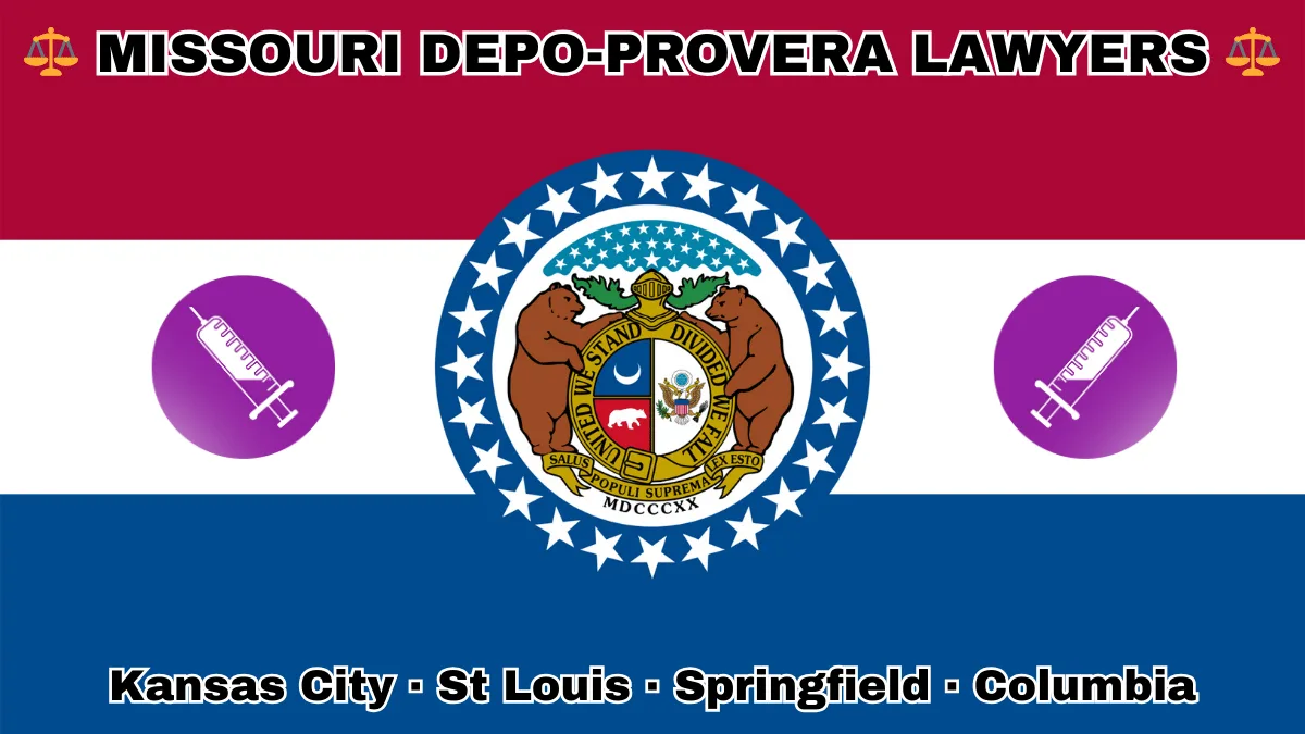 MISSOURI DEPO-PROVERA LAWYERS: Kansas City, St Louis, Springfield, and Columbia text on MO state flag with a syringe depicted on a purple circle near a ring of stars featuring two grizzly bears, a shield, and crescent moon, all on a red, white and blue background.