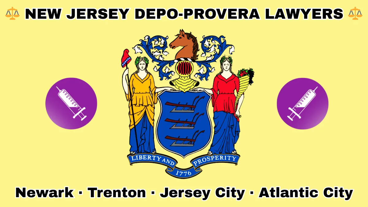 NEW JERSEY DEPO-PROVERA LAWYERS: Newark, Trenton, Jersey City, and Atlantic City text on NJ state flag with a syringe depicted on a purple circle near a shield with three plows, the goddesses Liberty and Ceres, and a horse head.