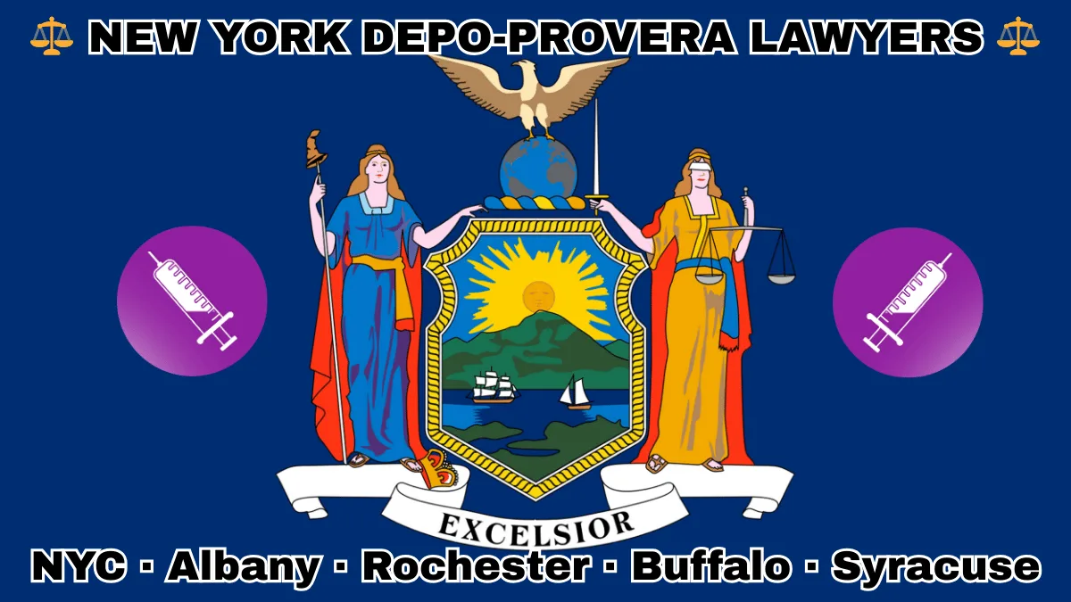 NEW YORK DEPO-PROVERA LAWYERS: NYC, Albany, Rochester, Buffalo, and Syracuse text on NY state flag with syringe in purple near Liberty and Justice holding a sword and scales, an eagle atop a globe, and a shield featuring the sun shining over the mountains onto Hudson River boaters.