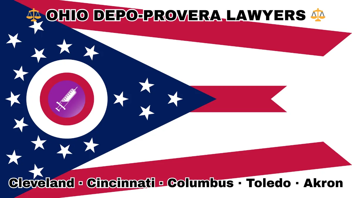 OHIO DEPO-PROVERA LAWYERS: Cleveland, Cincinnati, Columbus, Toledo, and Akron text on OH state flag with a syringe depicted on a purple circle near a triangular swallowtail with red, white, and blue stripes and stars.