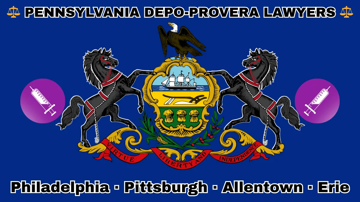 PENNSYLVANIA DEPO-PROVERA LAWYERS: Philadelphia, Pittsburgh, Allentown, and Erie text on PA state flag with a syringe depicted on a purple circle near horses and an eagle flanking a shield featuring a ship, plow, and sheaves of wheat.