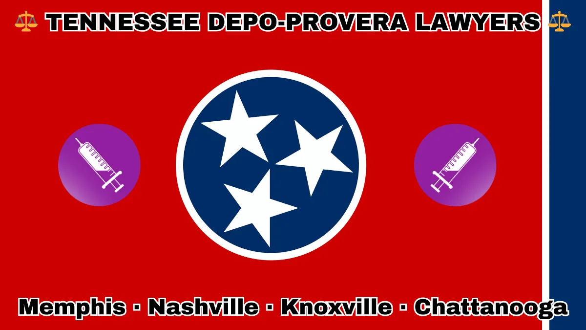 TENNESSEE DEPO-PROVERA LAWYERS: Memphis, Nashville, Knoxville, and Chattanooga text on TN state flag with a syringe depicted on a purple circle near three white stars on a blue circle, and vertical blue stripe, all on a red background.