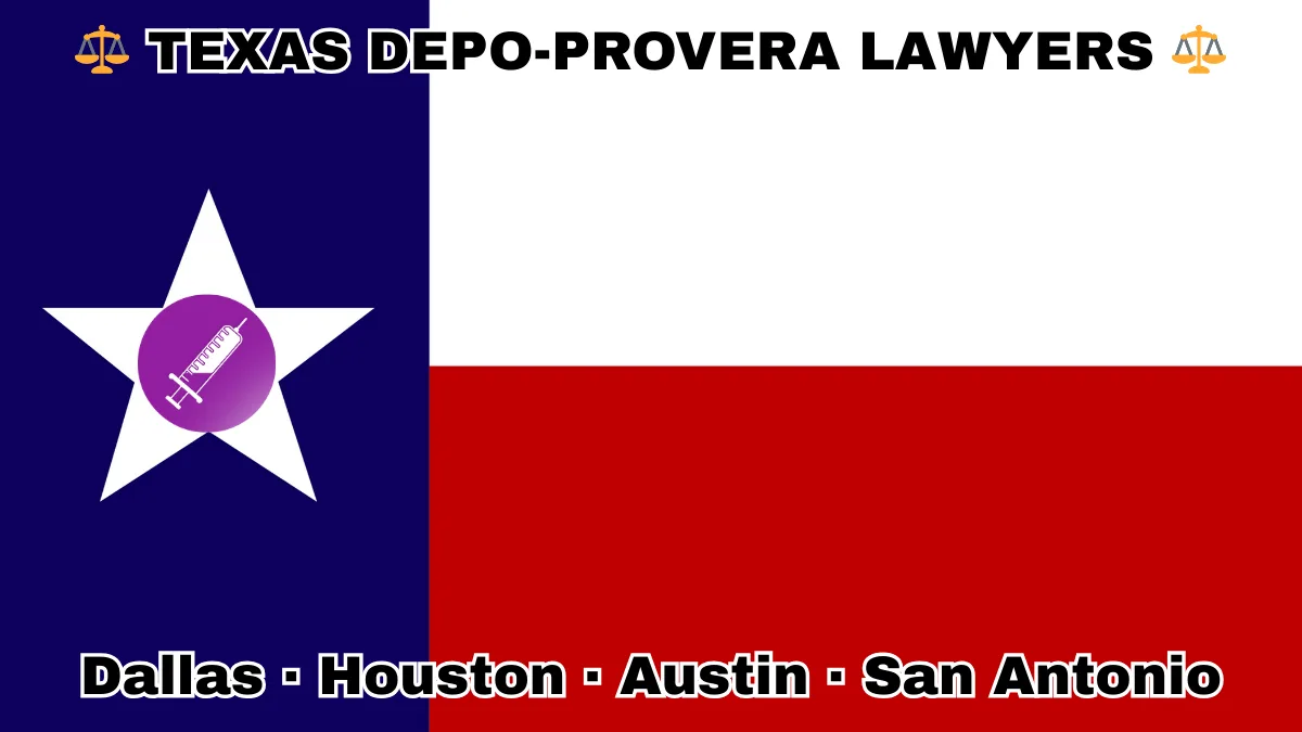 TEXAS DEPO-PROVERA LAWYERS: Dallas, Houston, Austin, and San Antonio text on TX state flag with syringe in purple on a Lone Star near blue, red and white color blocks.