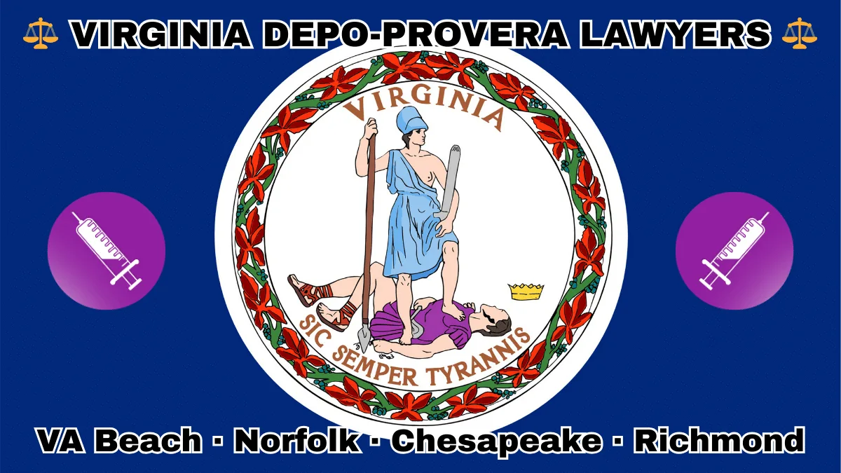 VIRGINIA DEPO-PROVERA LAWYERS: VA Beach, Norfolk, Chesapeake, and Richmond text on VA state flag with a syringe depicted on a purple circle near Virtus defeating Tyranny with a spear and sword.