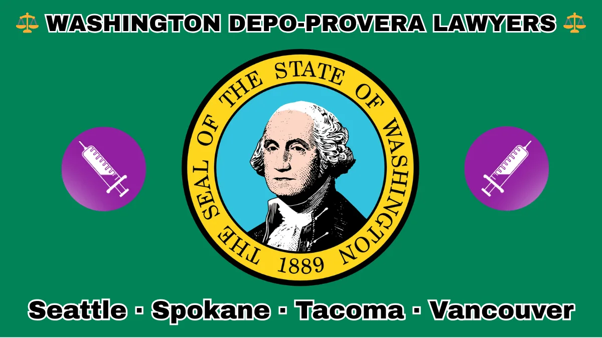 WASHINGTON DEPO-PROVERA LAWYERS: Seattle, Spokane, Tacoma, and Vancouver text on WA state flag with a syringe depicted on a purple circle near SEAL featuring George Washington, all on a green background.