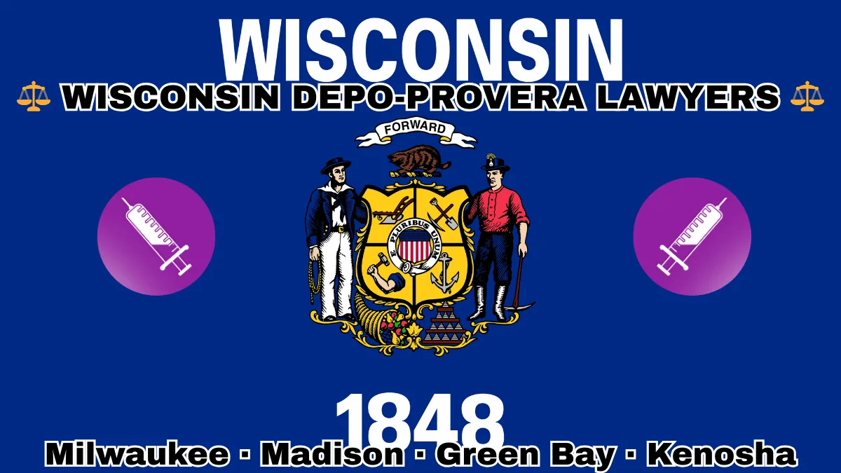 WISCONSIN DEPO-PROVERA LAWYERS: Milwaukee, Madison, Green Bay, and Kenosha text on WI state flag with a syringe depicted on a purple circle near a sailor and miner flanking a shield featuring agriculture, mining, manufacturing, and navigation, a badger above, and a cornucopia and lead ingot.
