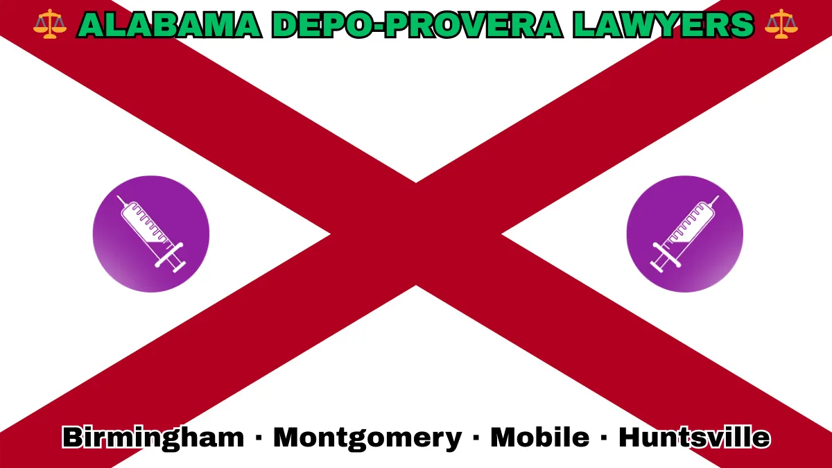 ALABAMA DEPO-PROVERA LAWSUITS: Birmingham, Montgomery, Mobile, and Huntsville text on AL state flag adorned with meningioma-inducing birth control injection depicted near a red St. Andrew's cross on a white background.