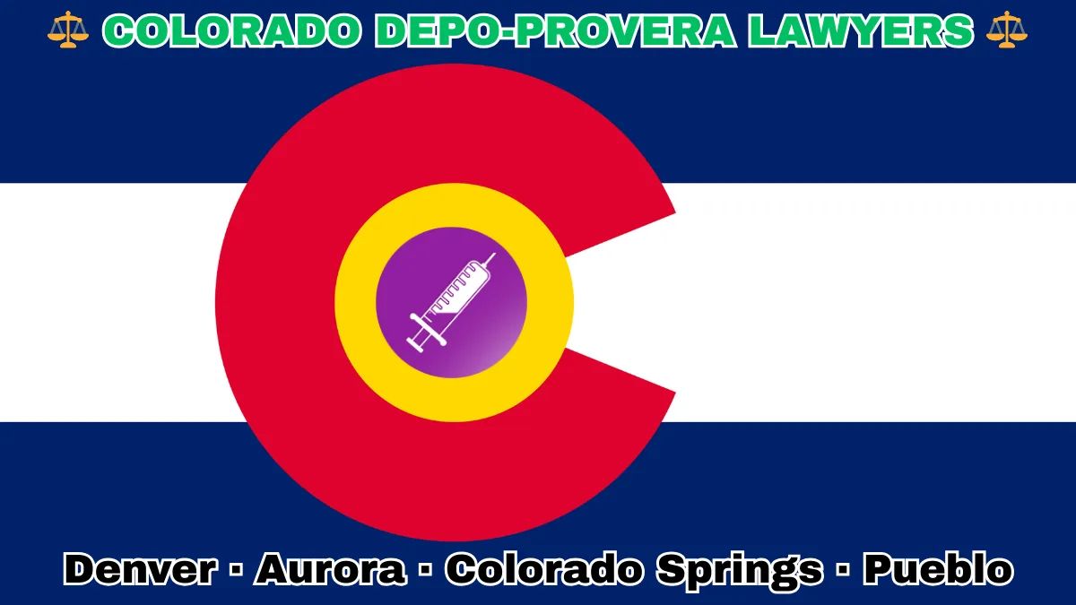 COLORADO DEPO-PROVERA LAWSUITS: Denver, Aurora, Colorado Springs, and Pueblo text on CO state flag adorned with meningioma-inducing birth control injection depicted near an old red "C" with a golden circle on blue and white stripes