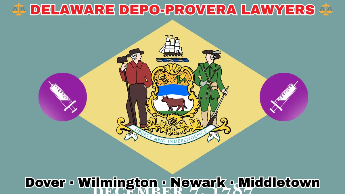 DELAWARE DEPO-PROVERA LAWSUITS: Dover, Wilmington, Newark, and Middletown text on DE state flag adorned with meningioma-inducing birth control injection depicted near a coat of arms and 1787 date