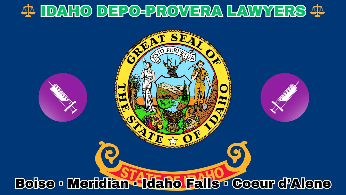 IDAHO DEPO-PROVERA LAWSUITS: Boise, Meridian, Idaho Falls, and Coeur d’Alene text on ID state flag adorned with meningioma-inducing birth control injection depicted on a blue field near the official seal and banner