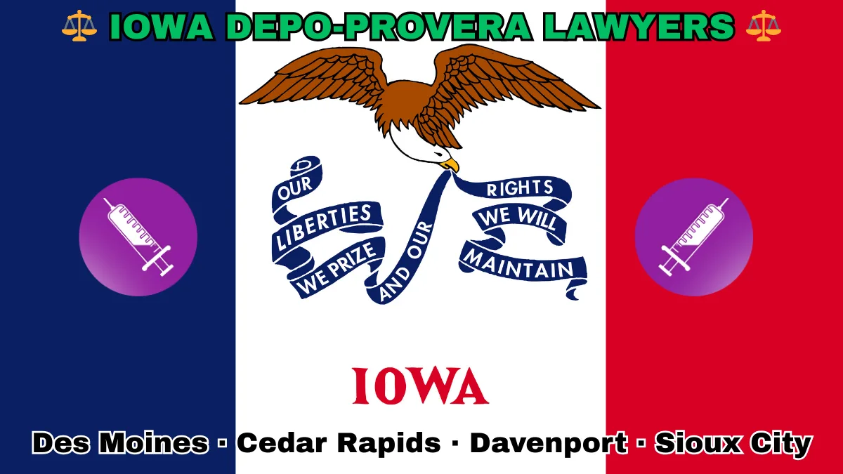 IOWA DEPO-PROVERA LAWSUITS: Boise, Meridian, Idaho Falls, Coeur d'Alene text on IA state flag adorned with meningioma-inducing birth control injection depicted along blue, white, and red vertical stripes near an eagle and banner