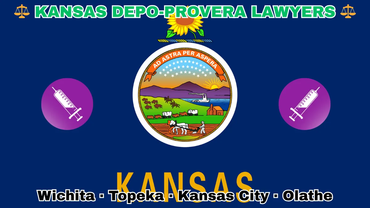 KANSAS DEPO-PROVERA LAWSUITS: Wichita, Kansas City, Olathe, and Topeka text on KS state flag adorned with meningioma-inducing birth control injection depicted on a blue background near the official seal and a sunflower emblem