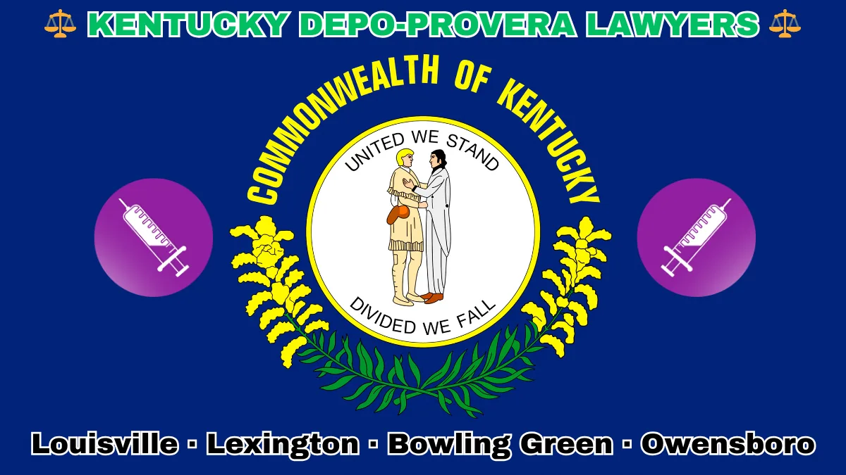 KENTUCKY DEPO-PROVERA LAWSUITS: Louisville, Lexington, Bowling Green, and Owensboro text on KY state flag adorned with meningioma-inducing birth control injection depicted on a blue field near the official seal and “UNITED WE STAND” motto