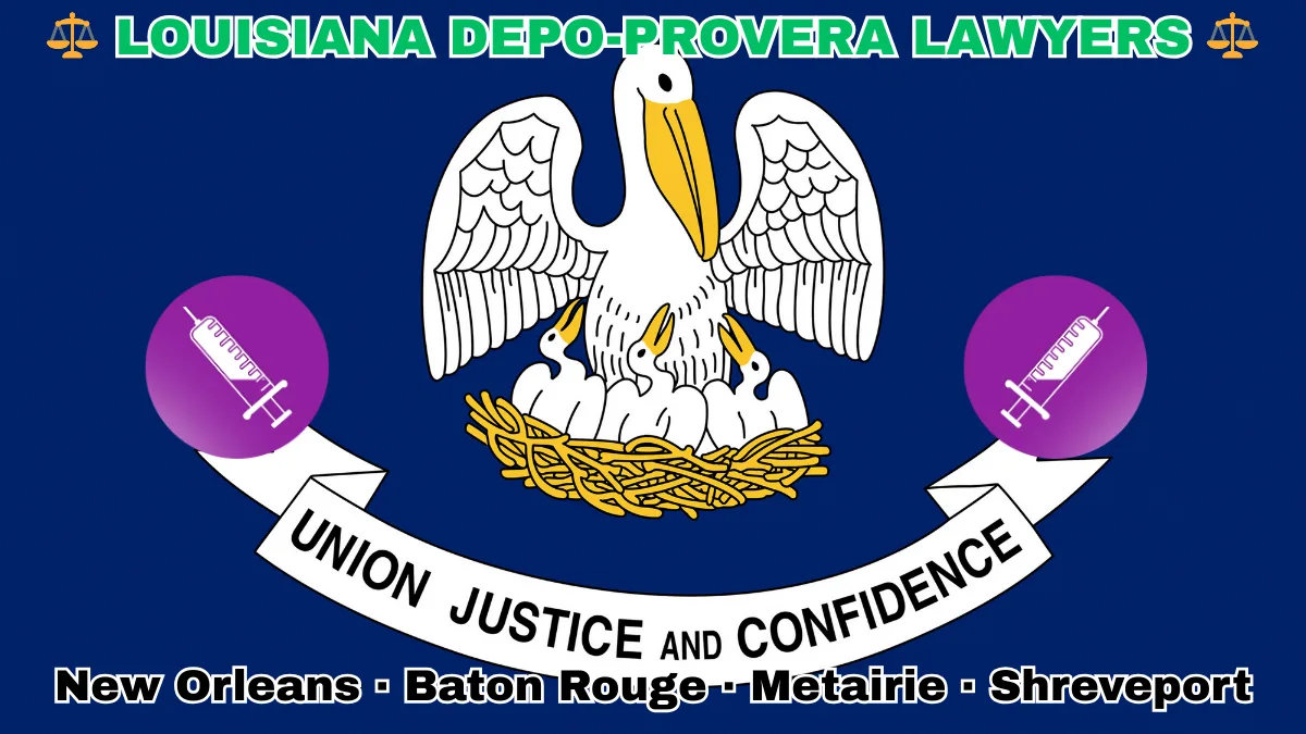 LOUISIANA DEPO-PROVERA LAWSUITS: New Orleans, Baton Rouge, Metairie, and Shreveport text on LA state flag adorned with meningioma-inducing birth control injection depicted near a pelican feeding chicks with motto “UNION, JUSTICE, CONFIDENCE"
