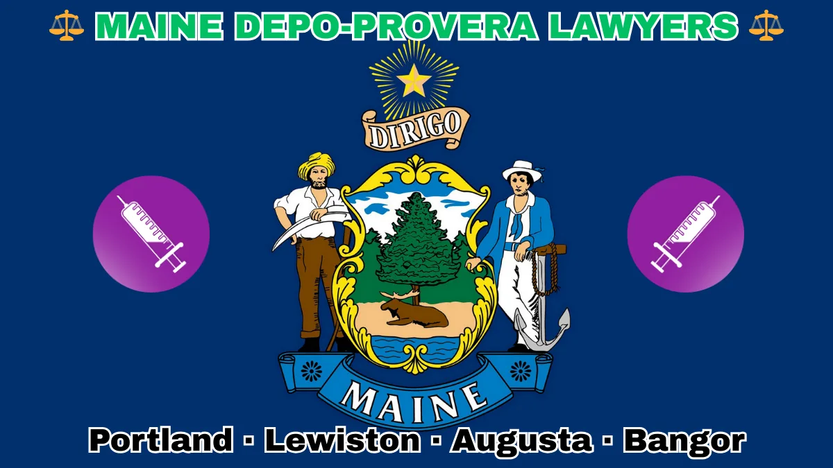 MAINE DEPO-PROVERA LAWSUITS: Portland, Lewiston, Augusta, and Bangor text on ME state flag adorned with meningioma-inducing birth control injection depicted on a blue field near a shield, pine tree, moose, and “DIRIGO” motto