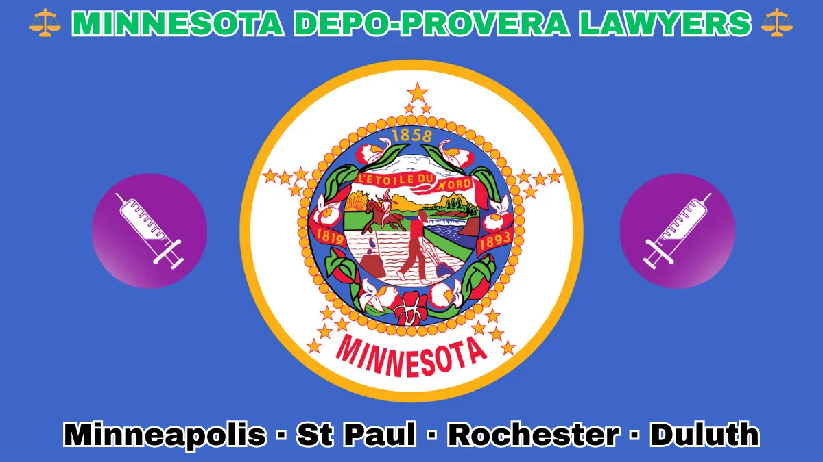 MINNESOTA DEPO-PROVERA LAWSUITS: Minneapolis, St Paul, Rochester, and Duluth text on MN state flag adorned with meningioma-inducing birth control injection depicted on blue background near the official seal featuring a wreath of pink-and-white lady’s slippers