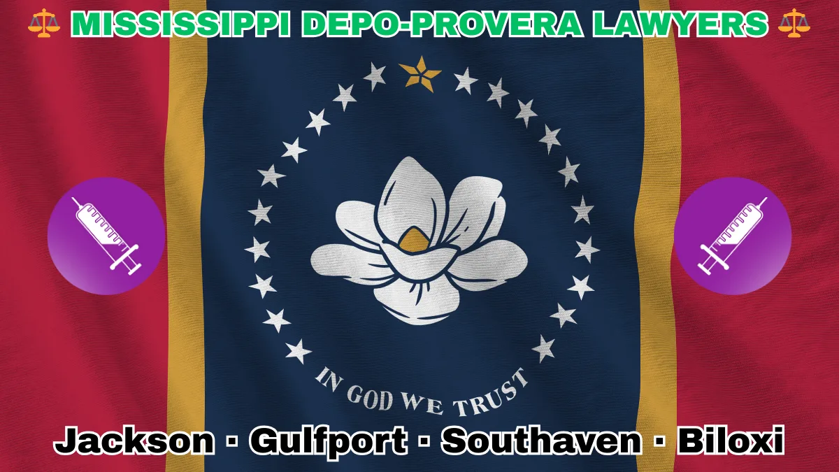 MISSISSIPPI DEPO-PROVERA LAWSUITS: Jackson, Gulfport, Southaven, and Biloxi text on MS state flag adorned with meningioma-inducing birth control injection depicted along red, gold, and blue stripes near magnolia blossom and stars