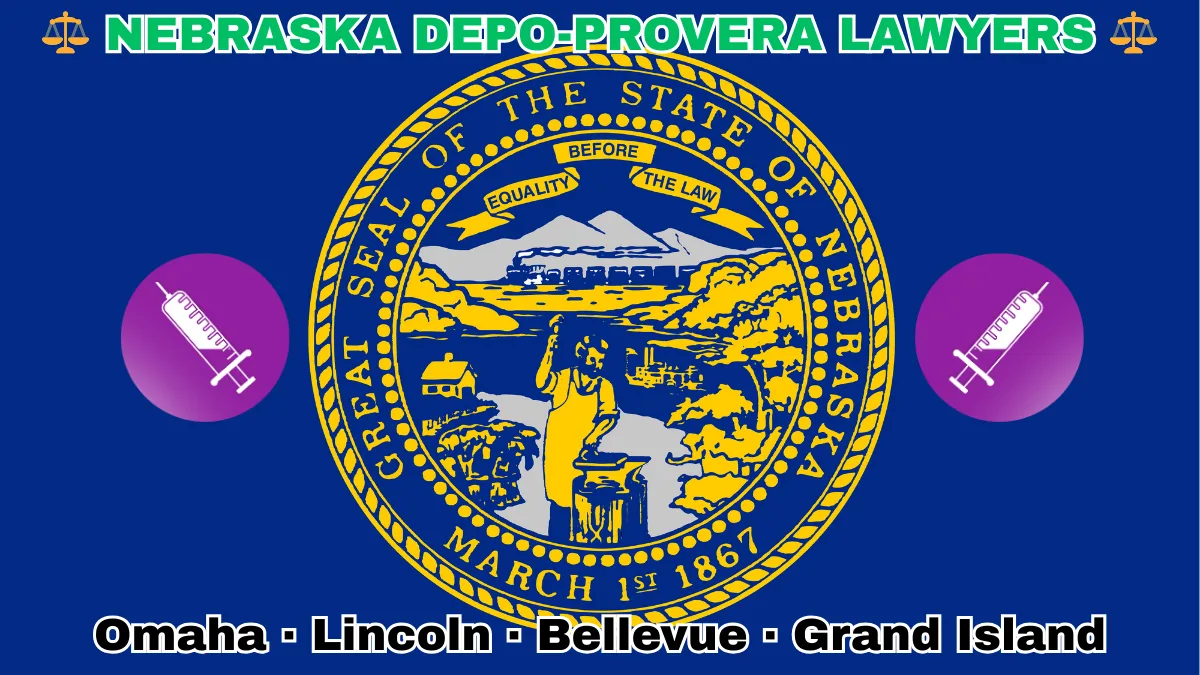 NEBRASKA DEPO-PROVERA LAWSUITS: Omaha, Lincoln, Bellevue, and Grand Island text on NE state flag adorned with meningioma-inducing birth control injection depicted on a dark blue field near the official seal in gold