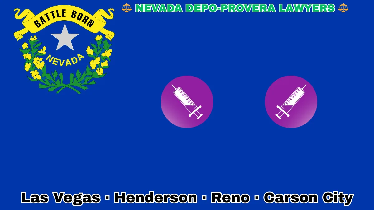 NEVADA DEPO-PROVERA LAWSUITS: Las Vegas, Henderson, Reno, and Carson City text on NV state flag adorned with meningioma-inducing birth control injection depicted on a blue field near a silver star and “BATTLE BORN” motto