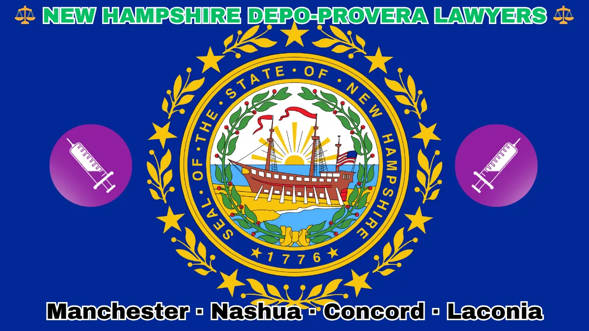 NEW HAMPSHIRE DEPO-PROVERA LAWSUITS: Manchester, Nashua, Concord, and Laconia text on NH state flag adorned with meningioma-inducing birth control injection depicted on blue field near a Portsmouth's frigate encircled by laurel leaves and stars