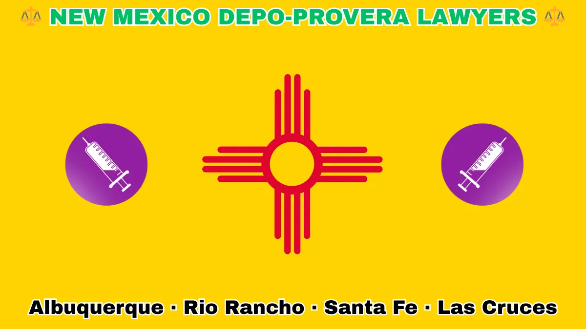NEW MEXICO DEPO-PROVERA LAWSUITS: Albuquerque, Rio Rancho, Santa Fe, and Las Cruces text on NM state flag adorned with meningioma-inducing birth control injection depicted on a yellow background near a red Zia sun symbol