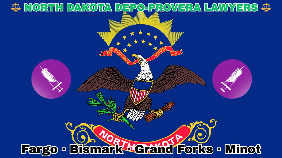 NORTH DAKOTA DEPO-PROVERA LAWSUITS: Fargo, Bismark, Grand Forks, and Minot text on ND state flag adorned with meningioma-inducing birth control injection depicted on a blue field near a bald eagle, ribbon, and shield.