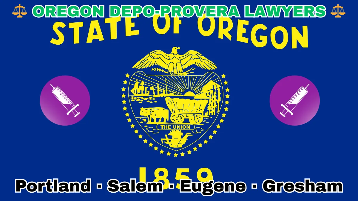 OREGON DEPO-PROVERA LAWSUITS: Portland, Salem, Eugene, and Gresham text on OR state flag adorned with meningioma-inducing birth control injection depicted on a blue field near a gold seal featuring a covered wagon, an eagle, mountains, and a setting sun, with the year 1859 below.