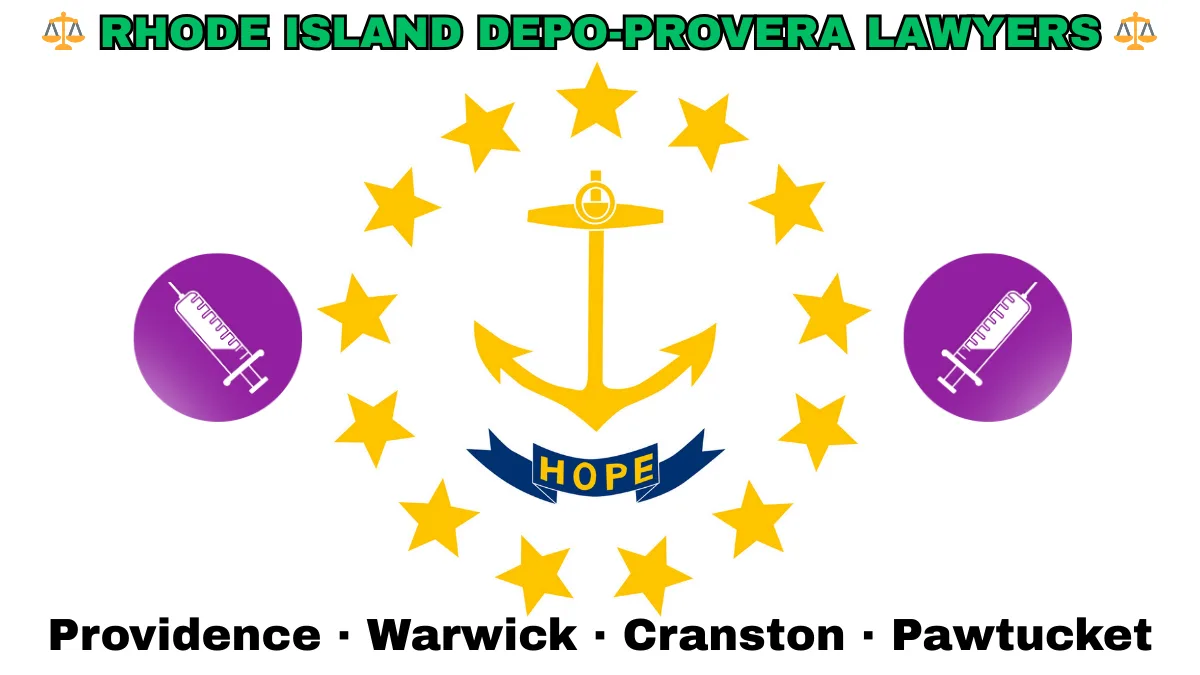 RHODE ISLAND DEPO-PROVERA LAWSUITS: Providence, Warwick, Cranston, and Pawtucket text on RI state flag adorned with meningioma-inducing birth control injection depicted on a white background near an anchor, gold stars, and “HOPE” motto
