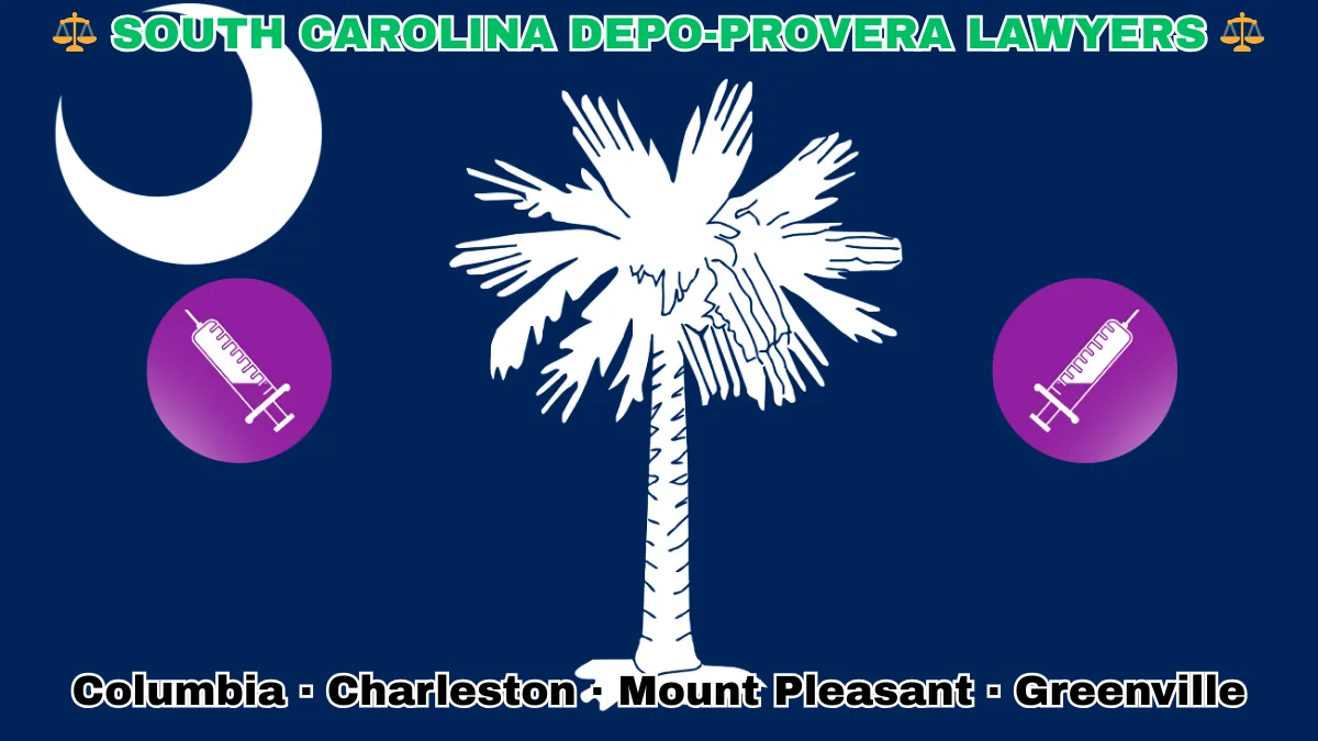 SOUTH CAROLINA DEPO-PROVERA LAWSUITS: Columbia, Charleston, Mount Pleasant, and Greenville text on SC state flag adorned with meningioma-inducing birth control injection depicted on a blue field near a white palmetto tree and crescent moon