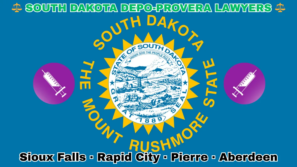 SOUTH DAKOTA DEPO-PROVERA LAWSUITS: Sioux Falls, Rapid City, Pierre, and Aberdeen text on SD state flag adorned with meningioma-inducing birth control injection depicted on a blue field near the official seal and words "THE MOUNT RUSHMORE STATE"