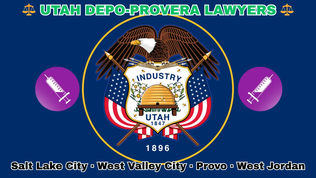 UTAH DEPO-PROVERA LAWSUITS: Salt Lake City, West Valley City, Provo, and West Jordan text on UT state flag adorned with meningioma-inducing birth control injection depicted on a blue field near a beehive, bald eagle, motto and date