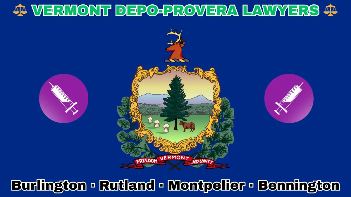 VERMONT DEPO-PROVERA LAWSUITS: Burlington, Rutland, Montpelier, and Bennington text on VT state flag adorned with meningioma-inducing birth control injection depicted on a blue field near the official coat of arms featuring a pine tree and cow