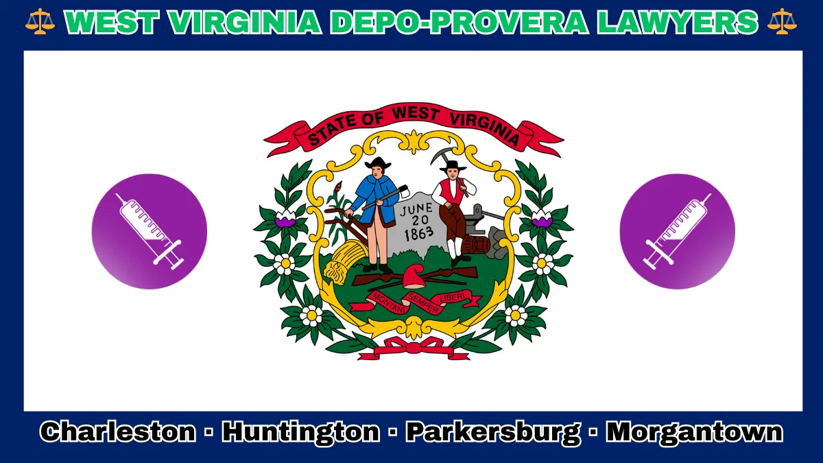 WEST VIRGINIA DEPO-PROVERA LAWSUITS: Charleston, Huntington, Parkersburg, and Morgantown text on WV state flag adorned with meningioma-inducing birth control injection depicted on a white field with blue border near the official seal encircled by rhododendrons